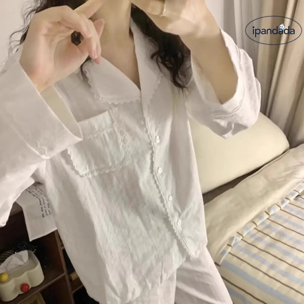 パジャマ レディース 夏・秋用 長袖 ロングパンツ スイート レース付き 韓国風 シンプル 外出着用可 ルームウェアセット 2025新作 ID1934