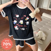 ID786 パジャマ レディース 夏 レースフリル 猫 プリント プラスサイズ 薄手 半袖 セット 高級感 ホームウェア 外出対応 刺繍 キャットモチーフ ゆったりサイズ 通気性抜群 プレミアム素材 普段着 インテリア ルームウェア