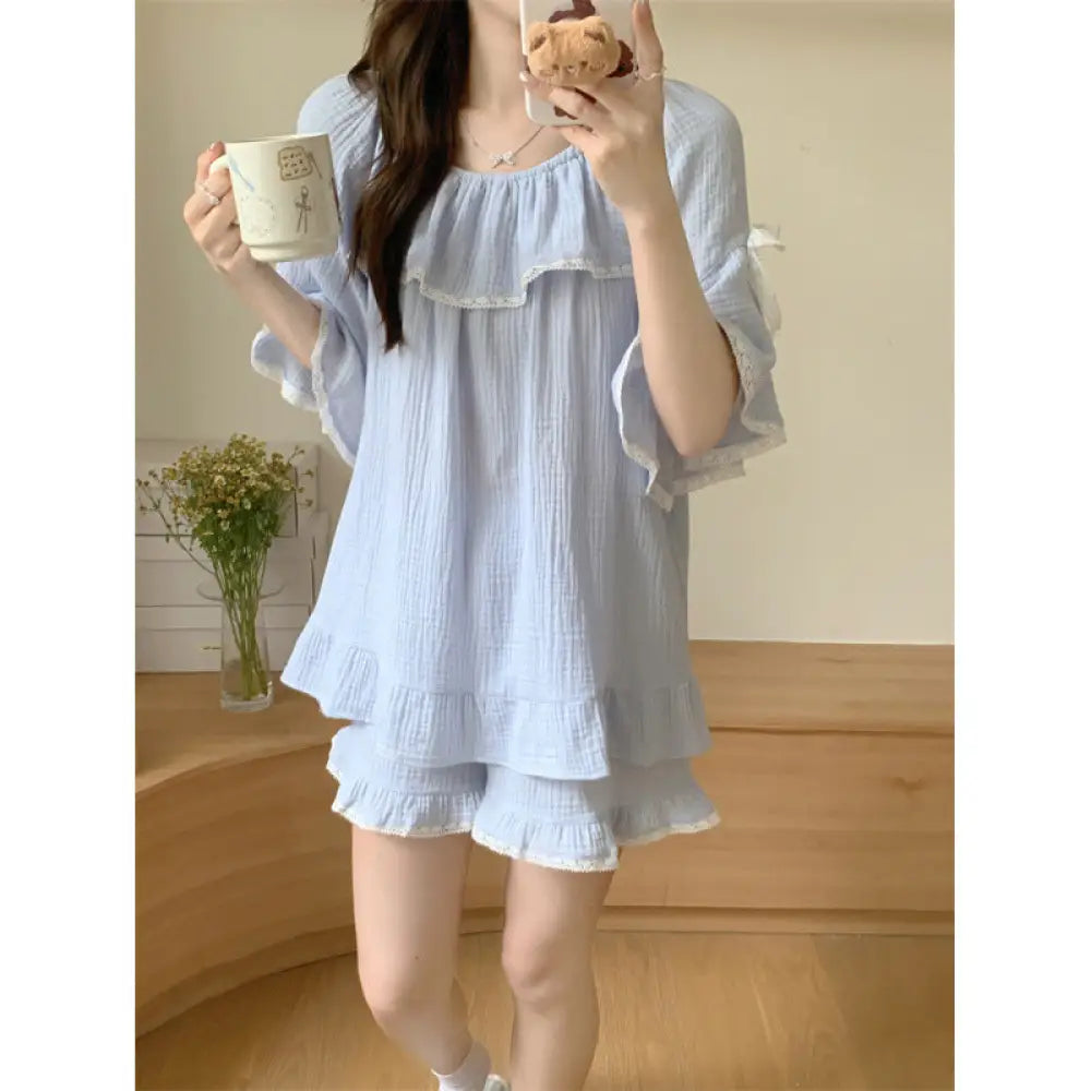 ID919 パジャマ レディース 夏 新作 韓国風 インスタ風 ルーズ 半袖 カジュアル ホームウェア ルームウェア セット 部屋着 レディース / フリー カップル＞セットアップ