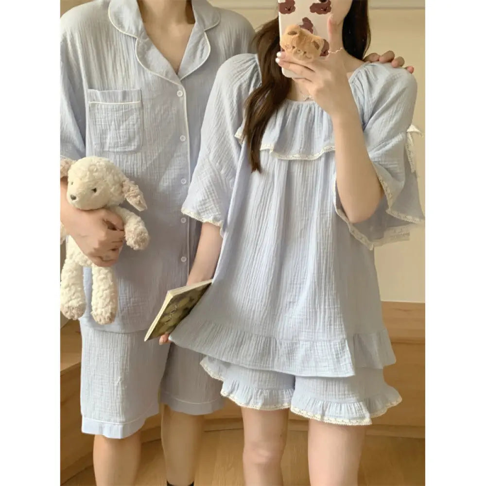 ID919 パジャマ レディース 夏 新作 韓国風 インスタ風 ルーズ 半袖 カジュアル ホームウェア ルームウェア セット 部屋着 カップル＞セットアップ