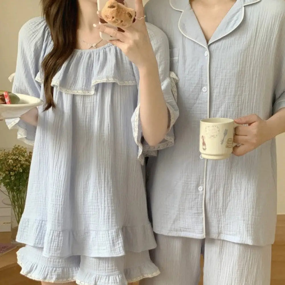 ID919 パジャマ レディース 夏 新作 韓国風 インスタ風 ルーズ 半袖 カジュアル ホームウェア ルームウェア セット 部屋着 カップル＞セットアップ