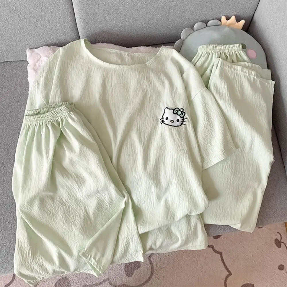 ID782 パジャマ レディース 夏 新作 綿麻混 シフォン 薄手 猫 プリント インスタ風 キュート 3点セット 半袖 ショートパンツ 長ズボン ルーズ カジュアル ホームウェア ルームウェア 部屋着 涼感 通気性抜群 洗濯可能