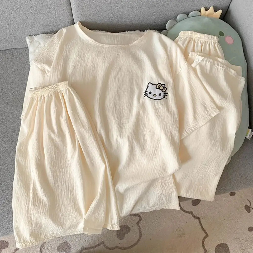ID782 パジャマ レディース 夏 新作 綿麻混 シフォン 薄手 猫 プリント インスタ風 キュート 3点セット 半袖 ショートパンツ 長ズボン ルーズ カジュアル ホームウェア ルームウェア 部屋着 涼感 通気性抜群 洗濯可能