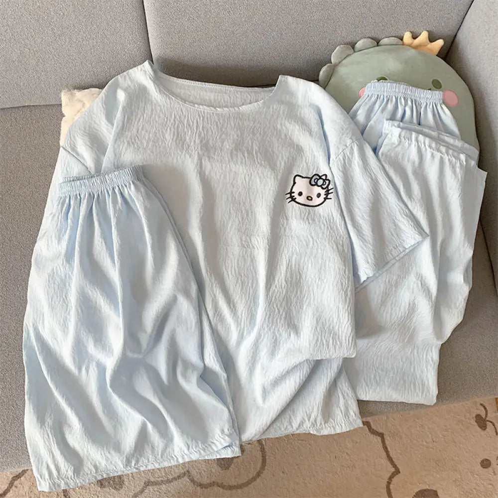 ID782 パジャマ レディース 夏 新作 綿麻混 シフォン 薄手 猫 プリント インスタ風 キュート 3点セット 半袖 ショートパンツ 長ズボン ルーズ カジュアル ホームウェア ルームウェア 部屋着 涼感 通気性抜群 洗濯可能