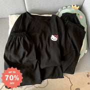 ID782 パジャマ レディース 夏 新作 綿麻混 シフォン 薄手 猫 プリント インスタ風 キュート 3点セット 半袖 ショートパンツ 長ズボン ルーズ カジュアル ホームウェア ルームウェア 部屋着 涼感 通気性抜群 洗濯可能