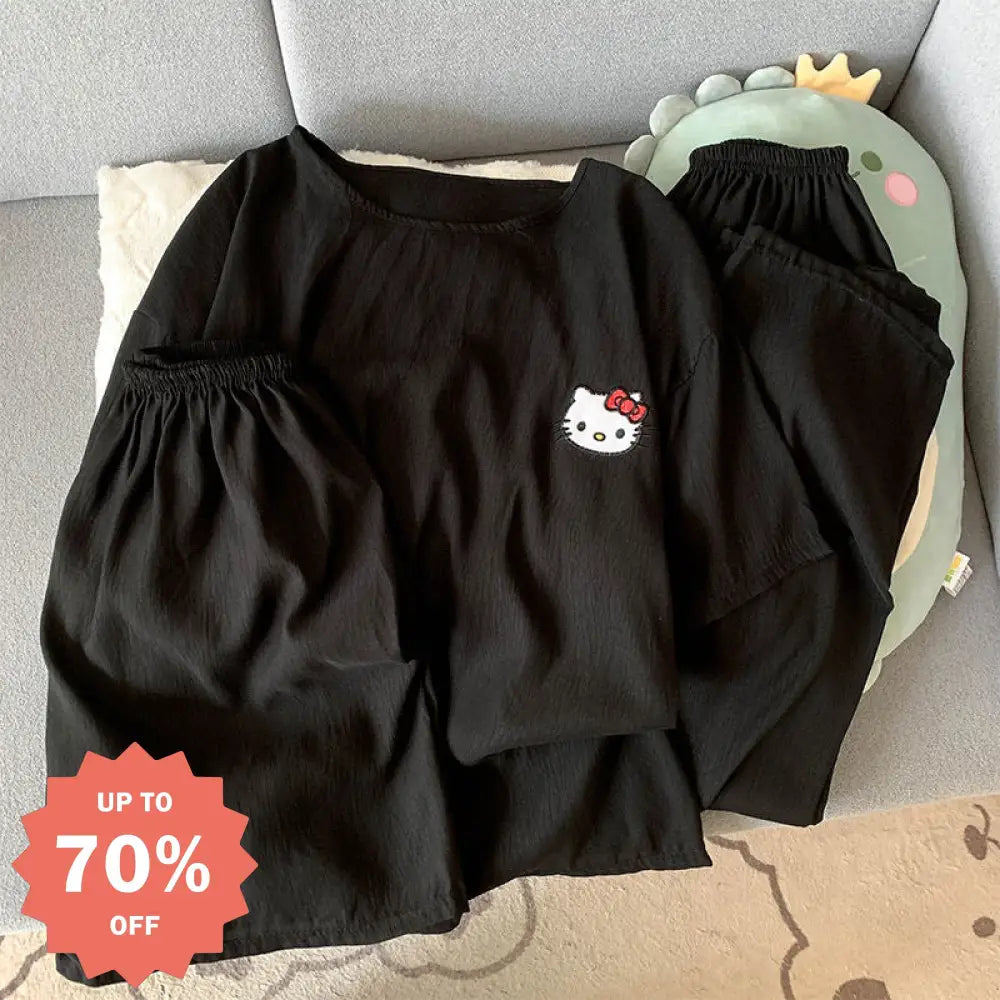 ID782 パジャマ レディース 夏 新作 綿麻混 シフォン 薄手 猫 プリント インスタ風 キュート 3点セット 半袖 ショートパンツ 長ズボン ルーズ カジュアル ホームウェア ルームウェア 部屋着 涼感 通気性抜群 洗濯可能