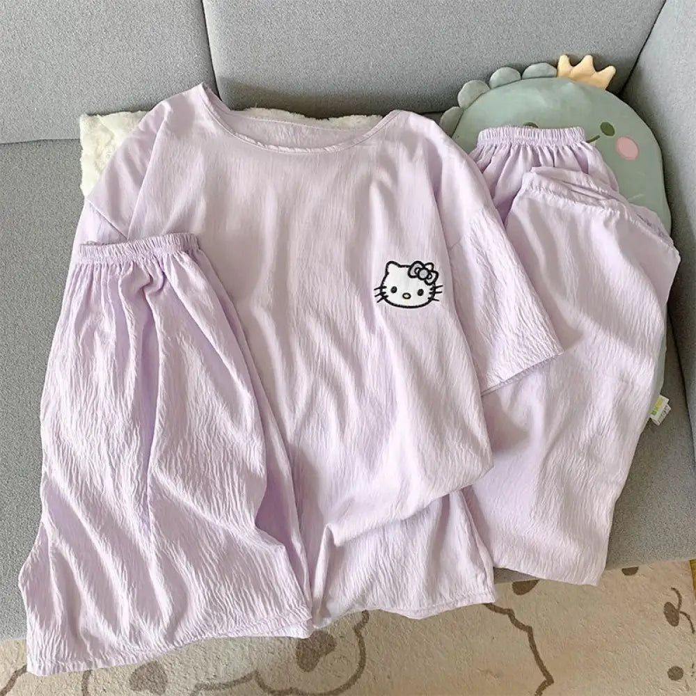 ID782 パジャマ レディース 夏 新作 綿麻混 シフォン 薄手 猫 プリント インスタ風 キュート 3点セット 半袖 ショートパンツ 長ズボン ルーズ カジュアル ホームウェア ルームウェア 部屋着 涼感 通気性抜群 洗濯可能