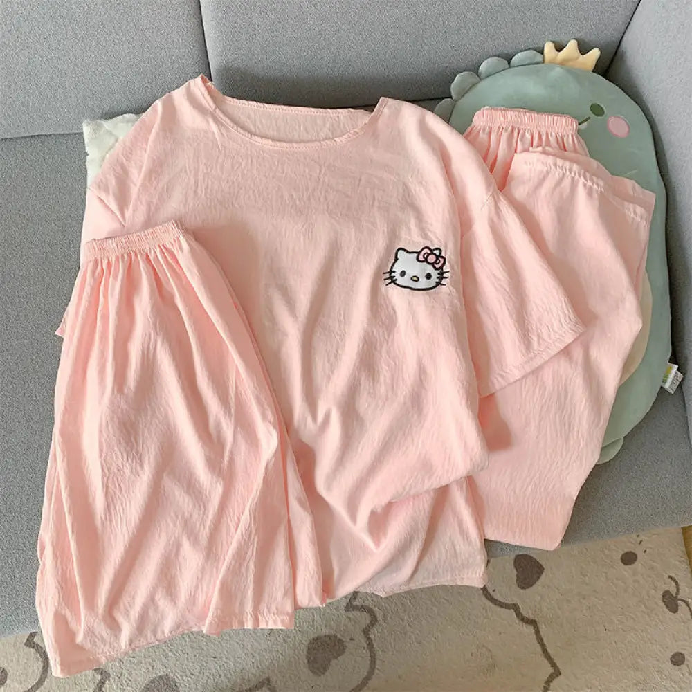 ID782 パジャマ レディース 夏 新作 綿麻混 シフォン 薄手 猫 プリント インスタ風 キュート 3点セット 半袖 ショートパンツ 長ズボン ルーズ カジュアル ホームウェア ルームウェア 部屋着 涼感 通気性抜群 洗濯可能