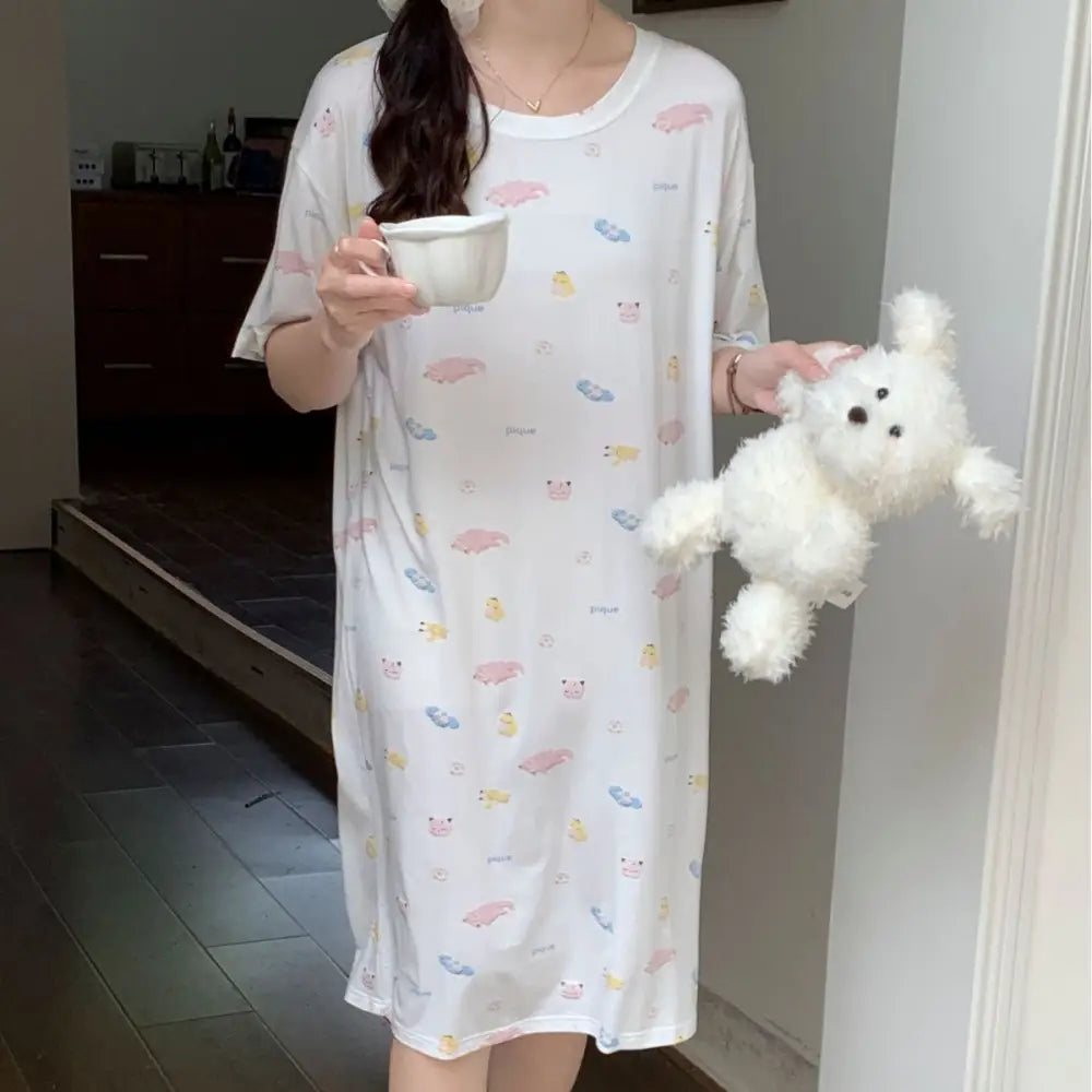 ID856 パジャマ レディース 夏 新作 モダール ポケモン プリント カートゥーン 半袖 ナイトドレス ホームウェア ルームウェア 部屋着 タイプ② / フリー レディース＞ワンピース