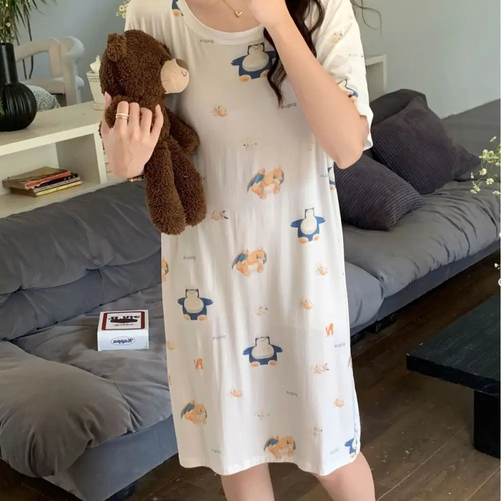 ID856 パジャマ レディース 夏 新作 モダール ポケモン プリント カートゥーン 半袖 ナイトドレス ホームウェア ルームウェア 部屋着 タイプ① / フリー レディース＞ワンピース