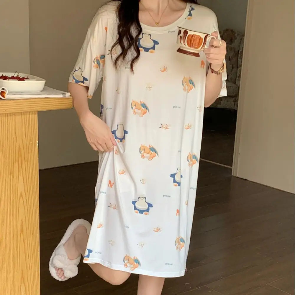 ID856 パジャマ レディース 夏 新作 モダール ポケモン プリント カートゥーン 半袖 ナイトドレス ホームウェア ルームウェア 部屋着 レディース＞ワンピース