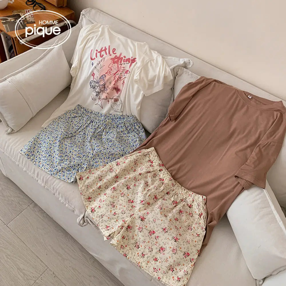 ID1019 パジャマ レディース 夏用 和風 モダール スモールフラワー 半袖 ショートパンツ セット カジュアル シンプル ホームウェア ルームウェア レディース＞セットアップ