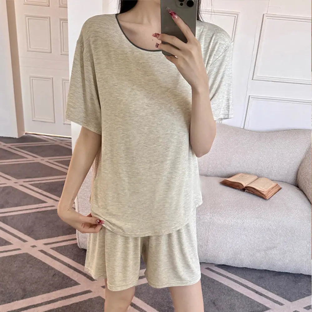 ID1022 パジャマ レディース 夏用 モダール ブラ付き ワンピース 半袖 ショートパンツ セット ホームウェア 体型カバー 外出対応 グレー / フリー レディース＞セットアップ
