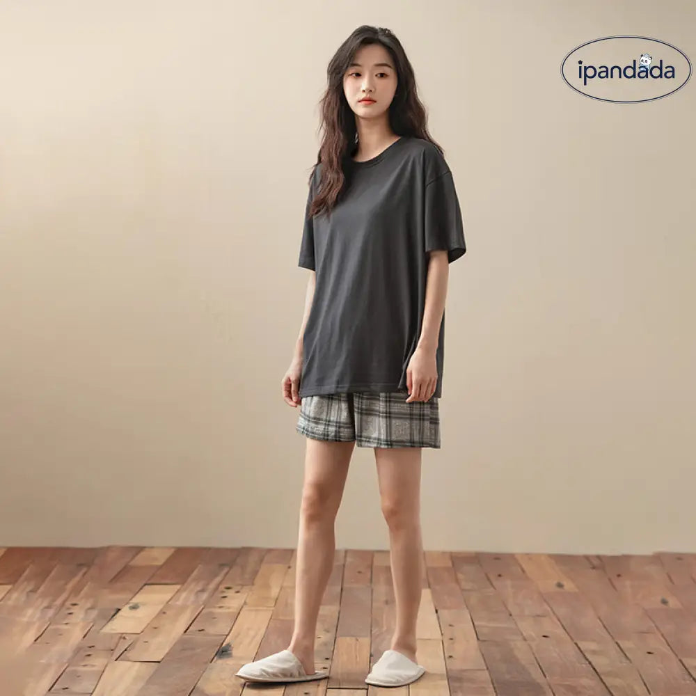 パジャマ レディース 夏用 ピュアコットン 半袖 チェック柄 ロングパンツ ファッション カジュアル ルームウェア セット ID1823 タイプ② / M レディース>セットアップ