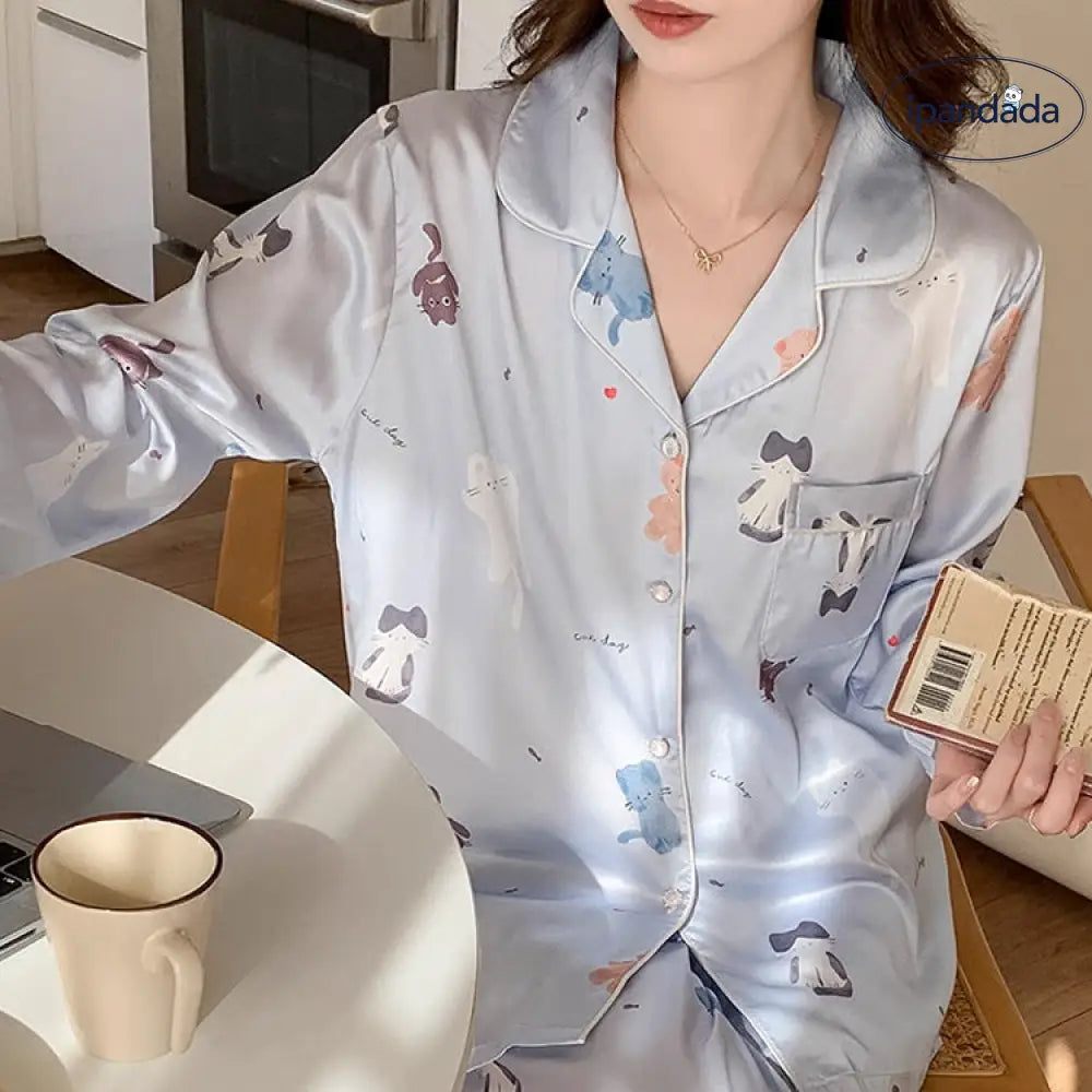 パジャマ レディース 長袖 前開き 春 シルク ルームウェア 可愛い 猫 シャツパジャマ 上下セット 柔らかい 部屋着 寝間着 2点セットゆったり ブルー / M レディース＞セットアップ