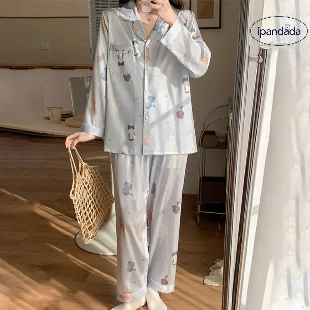 パジャマ レディース 長袖 前開き 春 シルク ルームウェア 可愛い 猫 シャツパジャマ 上下セット 柔らかい 部屋着 寝間着 2点セットゆったり レディース＞セットアップ
