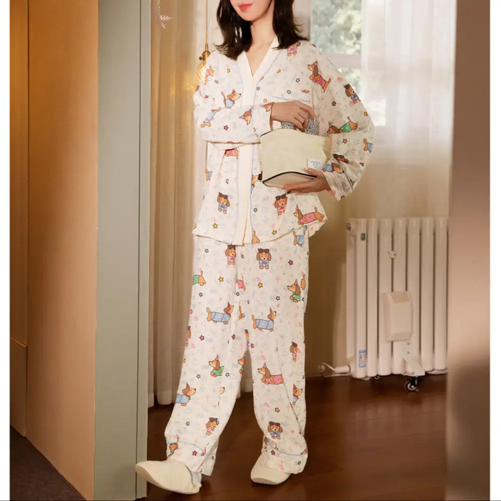 ID387 パジャマ レディース 長袖 犬柄 ルームウェア 上下セット 春 秋 薄手 柔らか 修学旅行 部屋着 寝巻き 母の日 プレゼント ギフト レディース＞セットアップ