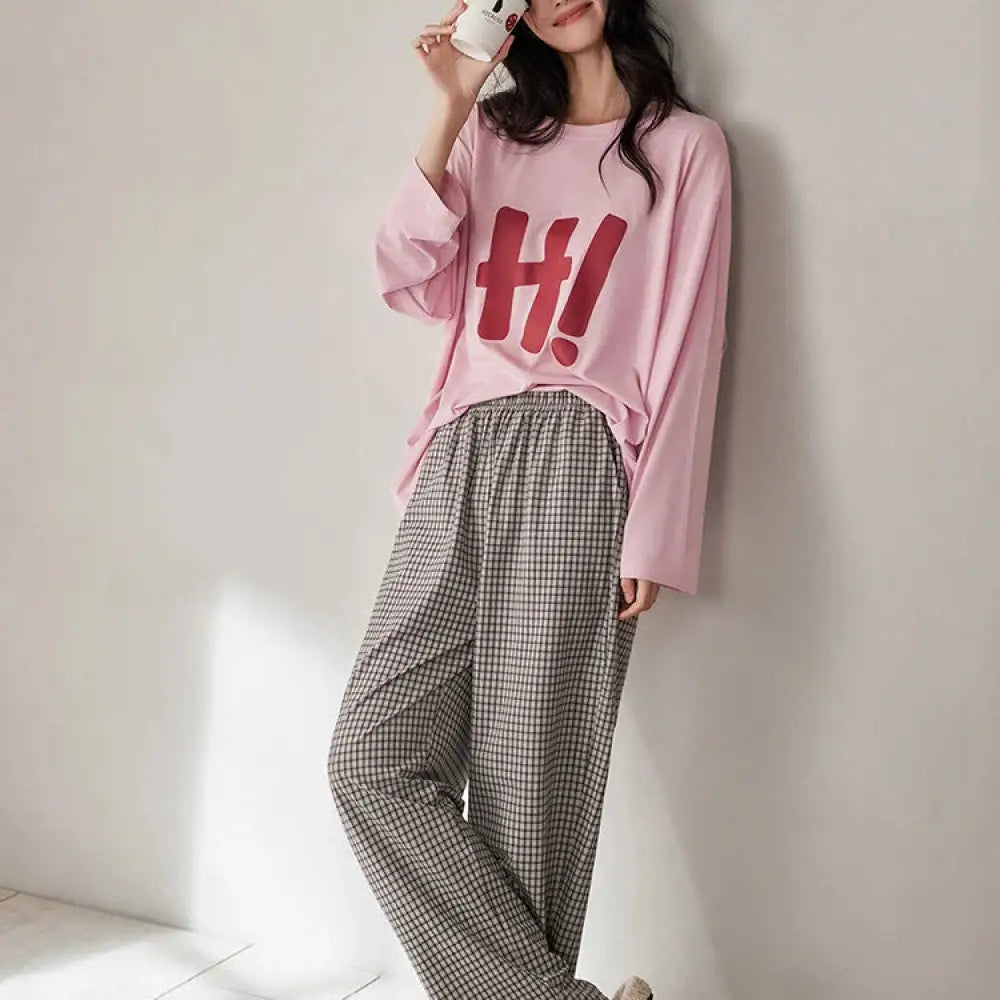 パジャマ レディース 長袖 Tシャツ チュニック 綿 チェック コットン プルオーバー 春 秋 ピンク グリーン ルームウェア 2点セット ナイトウェア 上下セット セットアップ ゆったり ロングパンツ お出かけ 韓国風 お洒落 部屋着