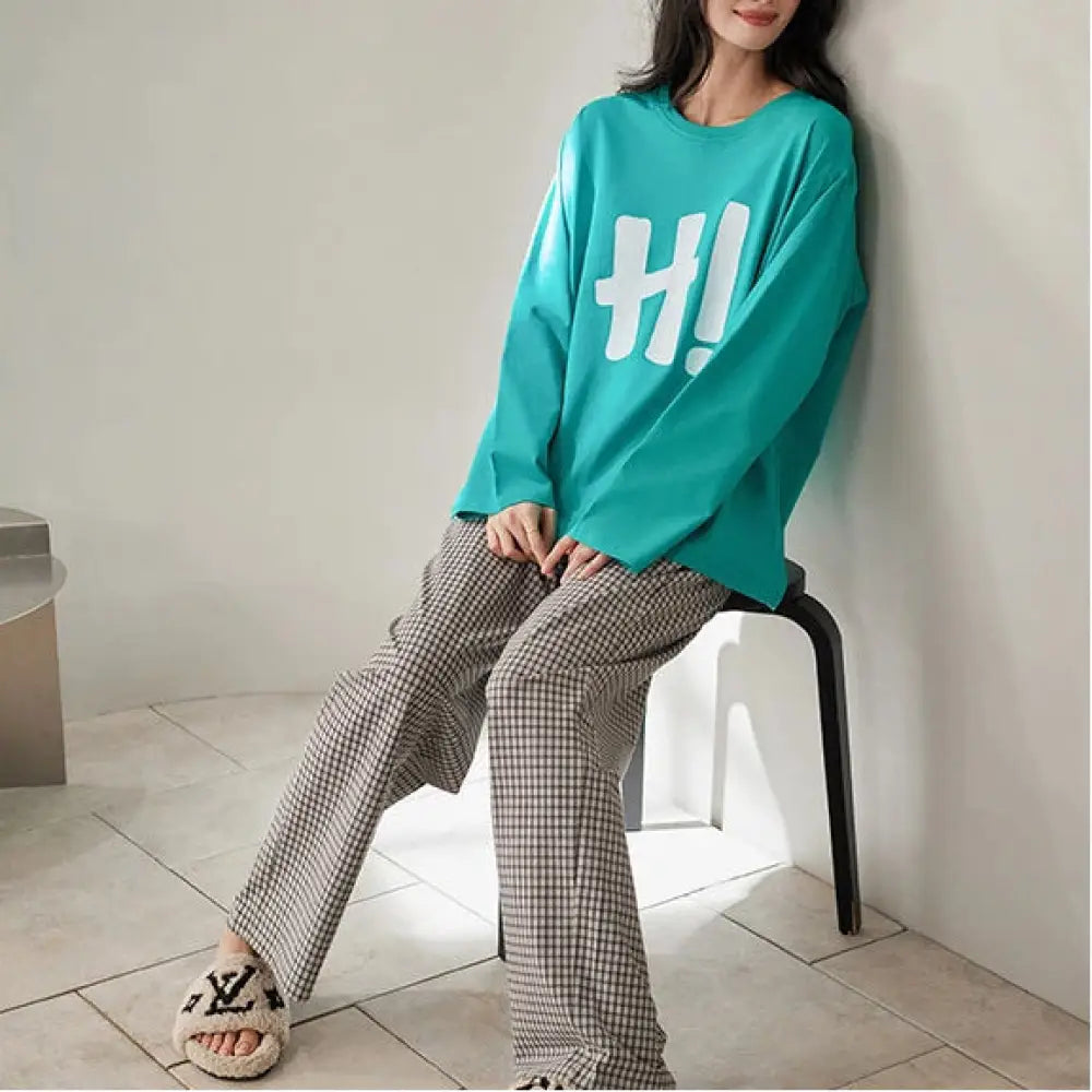 パジャマ レディース 長袖 Tシャツ チュニック 綿 チェック コットン プルオーバー 春 秋 ピンク グリーン ルームウェア 2点セット ナイトウェア 上下セット セットアップ ゆったり ロングパンツ お出かけ 韓国風 お洒落 部屋着