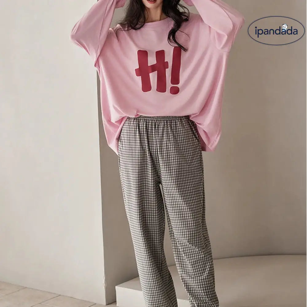 パジャマ レディース 長袖 Tシャツ チュニック 綿 チェック コットン プルオーバー 春 秋 ピンク グリーン ルームウェア 2点セット ナイトウェア 上下セット セットアップ ゆったり ロングパンツ お出かけ 韓国風 お洒落 部屋着