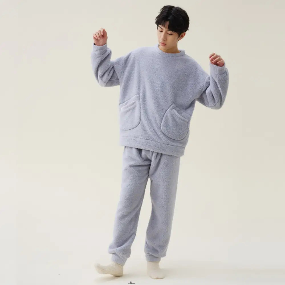 パジャマ レディースメンズ 冬ルームウェア 男女兼用 上下セット セットアップ 厚手 暖かい もこもこ 長袖 パジャマ 大きいサイズ ナイトガウン 部屋着 おしゃれ 可愛い 寝巻き ID2365 男性 グレー / レディースＭ