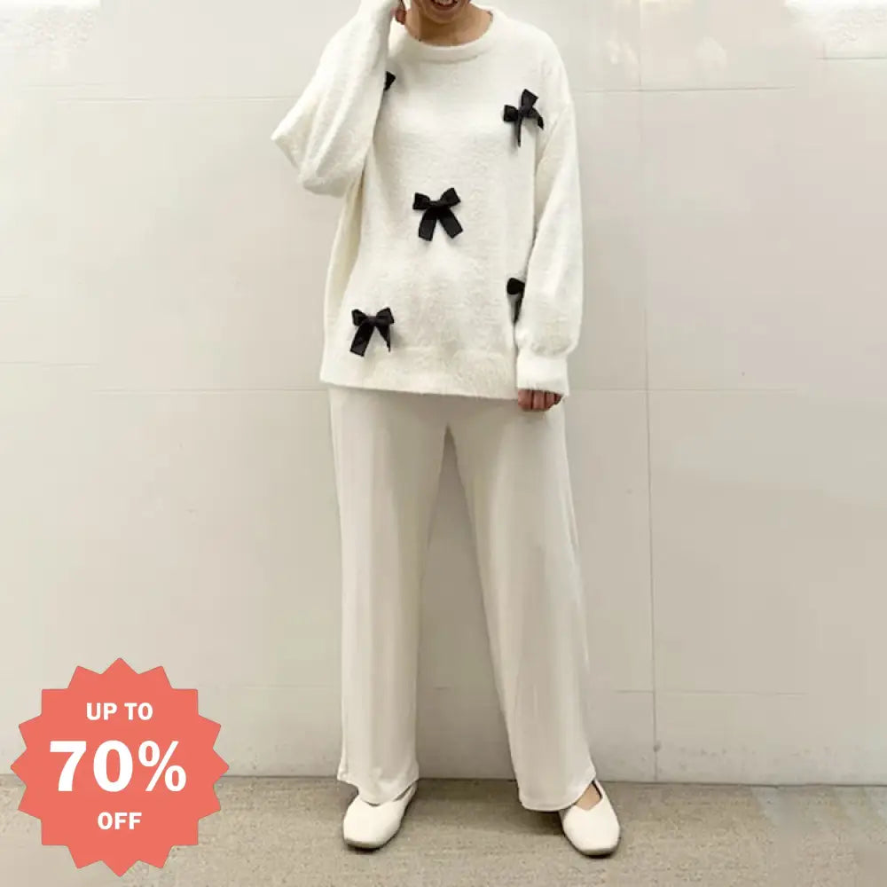 パジャマ リボン プルオーバー 2点セット 女性 レディース 可愛い 2色展開 ルームウェア セットアップ 長袖 長ズボン 大人 部屋着 外出用 バレンタインデー　プレゼント レディース＞セットアップ