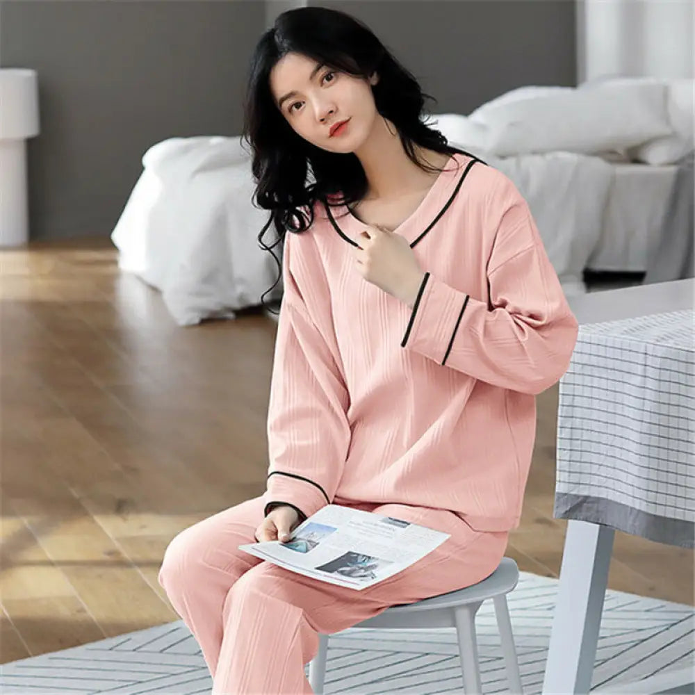 パジャマ ルームウェア 春 レディース 上下セット 部屋着 セットアップ 2点セット ナイトウェア 無地 春 秋 長袖 シャツパジャマ ストレッチ ズボン コットン 寝巻き 寝間着 可愛い おしゃれ 快適 おしゃれ ID3985 ピンク