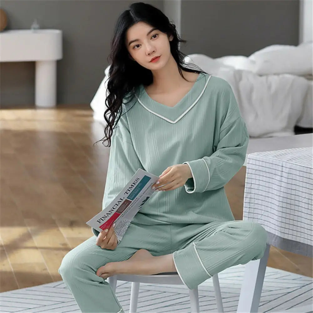 パジャマ ルームウェア 春 レディース 上下セット 部屋着 セットアップ 2点セット ナイトウェア 無地 春 秋 長袖 シャツパジャマ ストレッチ ズボン コットン 寝巻き 寝間着 可愛い おしゃれ 快適 おしゃれ ID3985 ミント