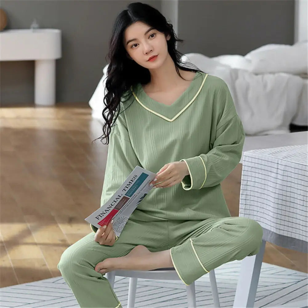 パジャマ ルームウェア 春 レディース 上下セット 部屋着 セットアップ 2点セット ナイトウェア 無地 春 秋 長袖 シャツパジャマ ストレッチ ズボン コットン 寝巻き 寝間着 可愛い おしゃれ 快適 おしゃれ ID3985 グリーン