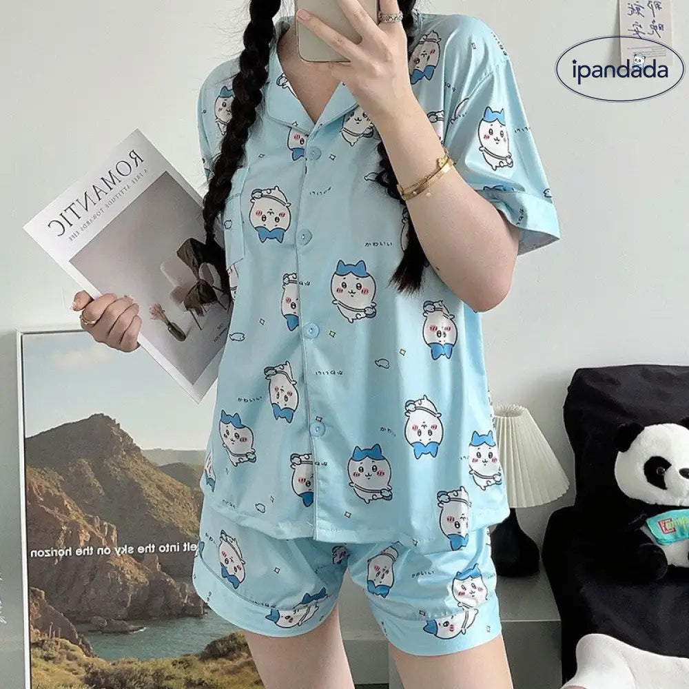 ID740 パジャマ セット 半袖 ショートパンツ キャラクター かわいい 3色 レディース 夏 学生 向け 甘い ルームウェア ブルー / M レディース＞セットアップ