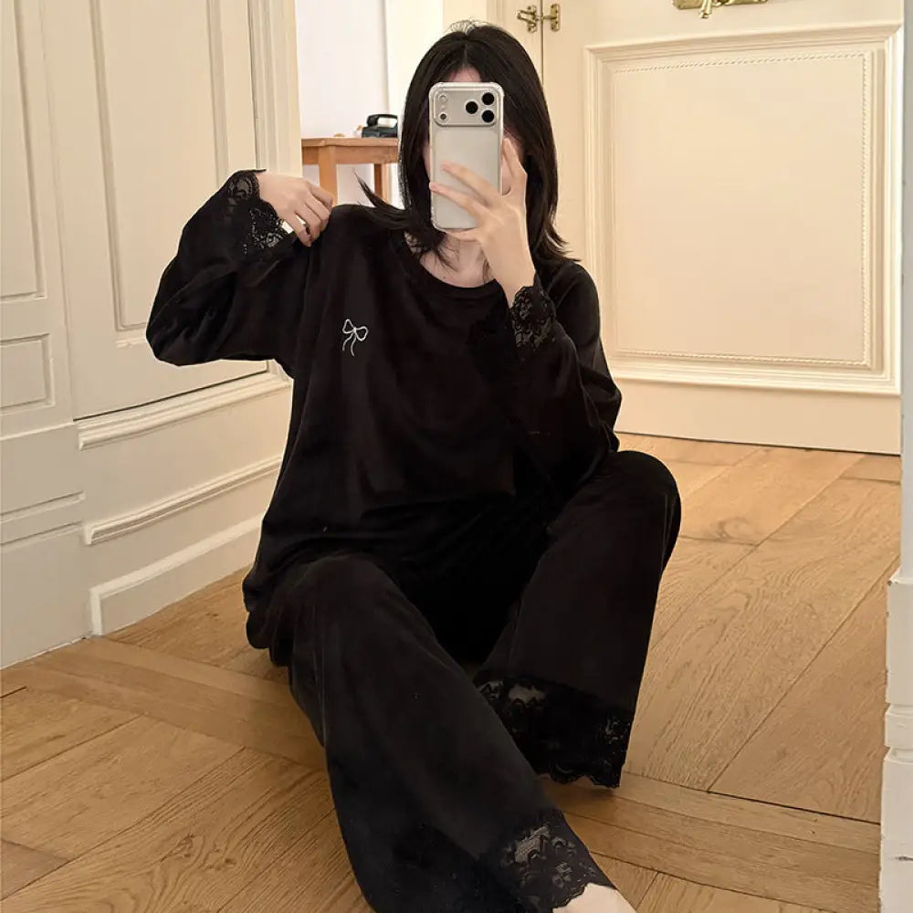 パジャマ セット 保温 レース ルームウェア ゆったり 部屋着 かわいい ID4048 ブラック / M