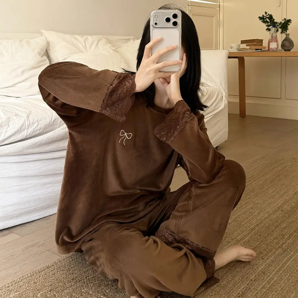 パジャマ セット 保温 レース ルームウェア ゆったり 部屋着 かわいい ID4048 ブラウン / M