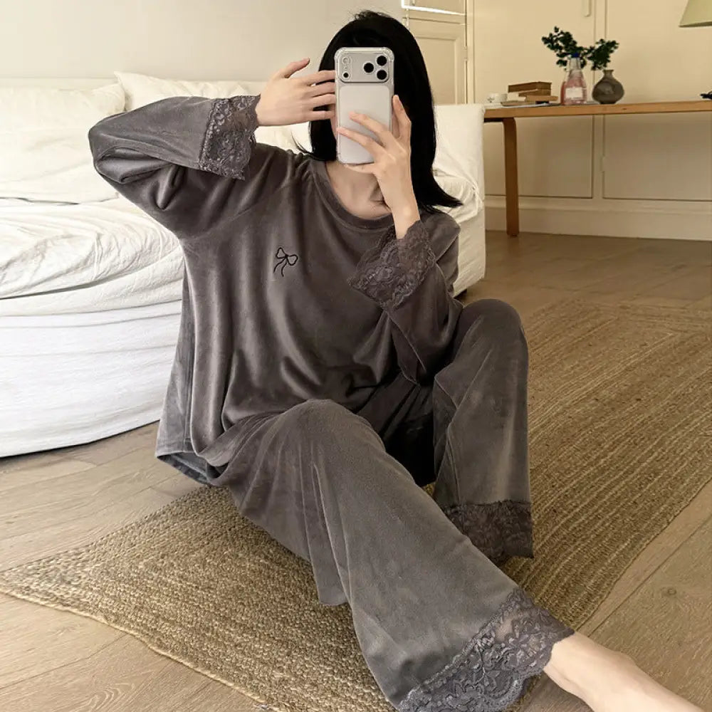 パジャマ セット 保温 レース ルームウェア ゆったり 部屋着 かわいい ID4048 ダークグレー / M