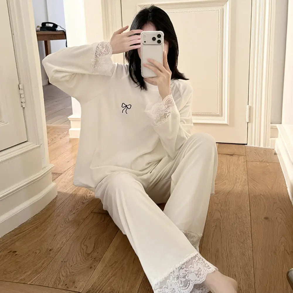 パジャマ セット 保温 レース ルームウェア ゆったり 部屋着 かわいい ID4048 ホワイト / M