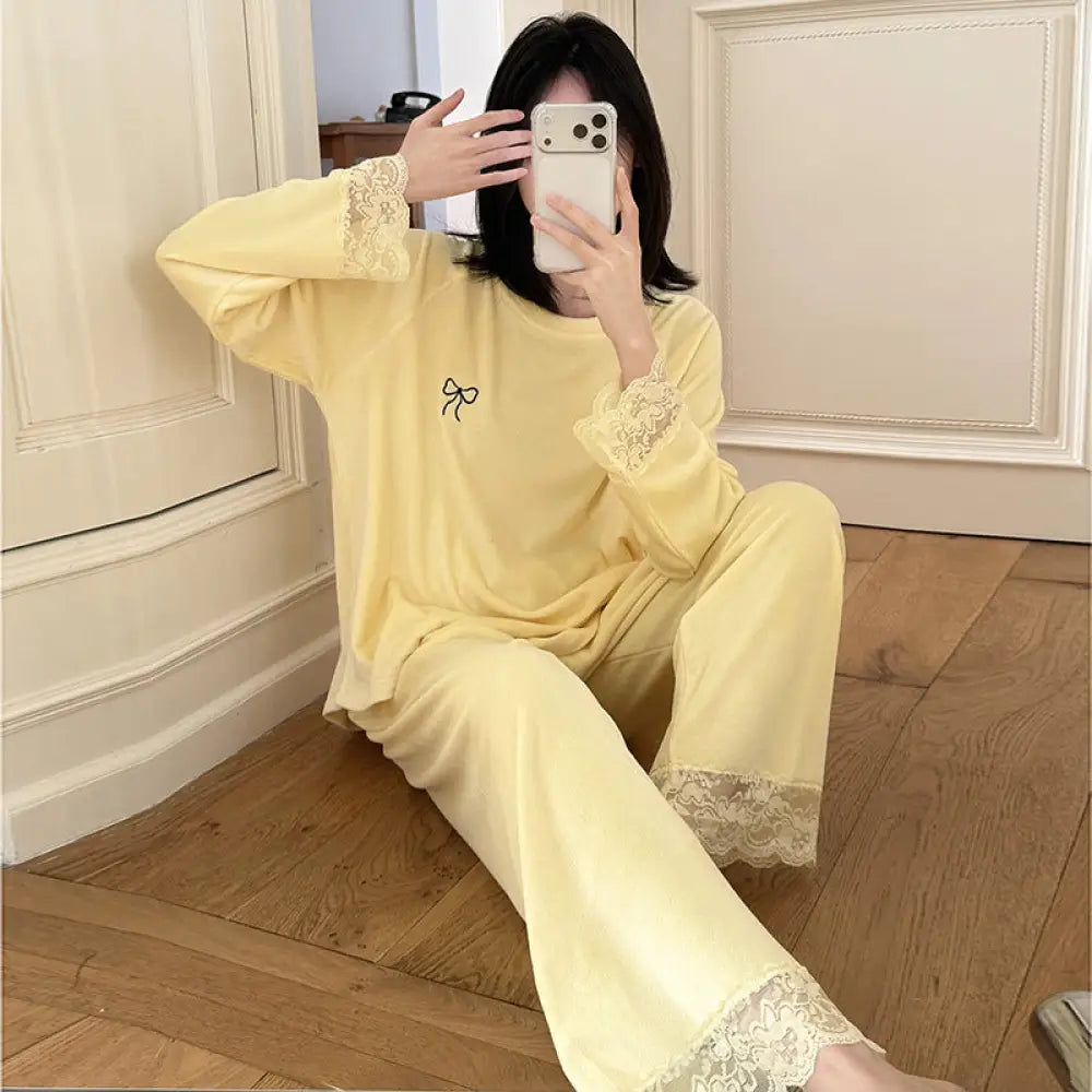 パジャマ セット 保温 レース ルームウェア ゆったり 部屋着 かわいい ID4048 イエロー / M