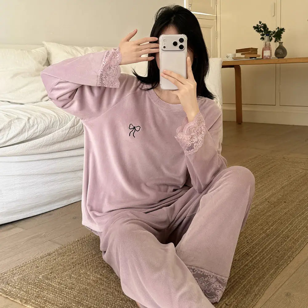 パジャマ セット 保温 レース ルームウェア ゆったり 部屋着 かわいい ID4048 パープル / M