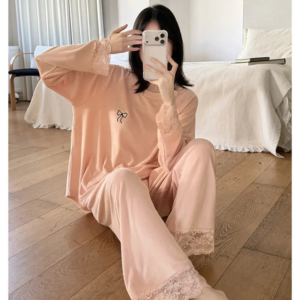 パジャマ セット 保温 レース ルームウェア ゆったり 部屋着 かわいい ID4048 ピンク / M