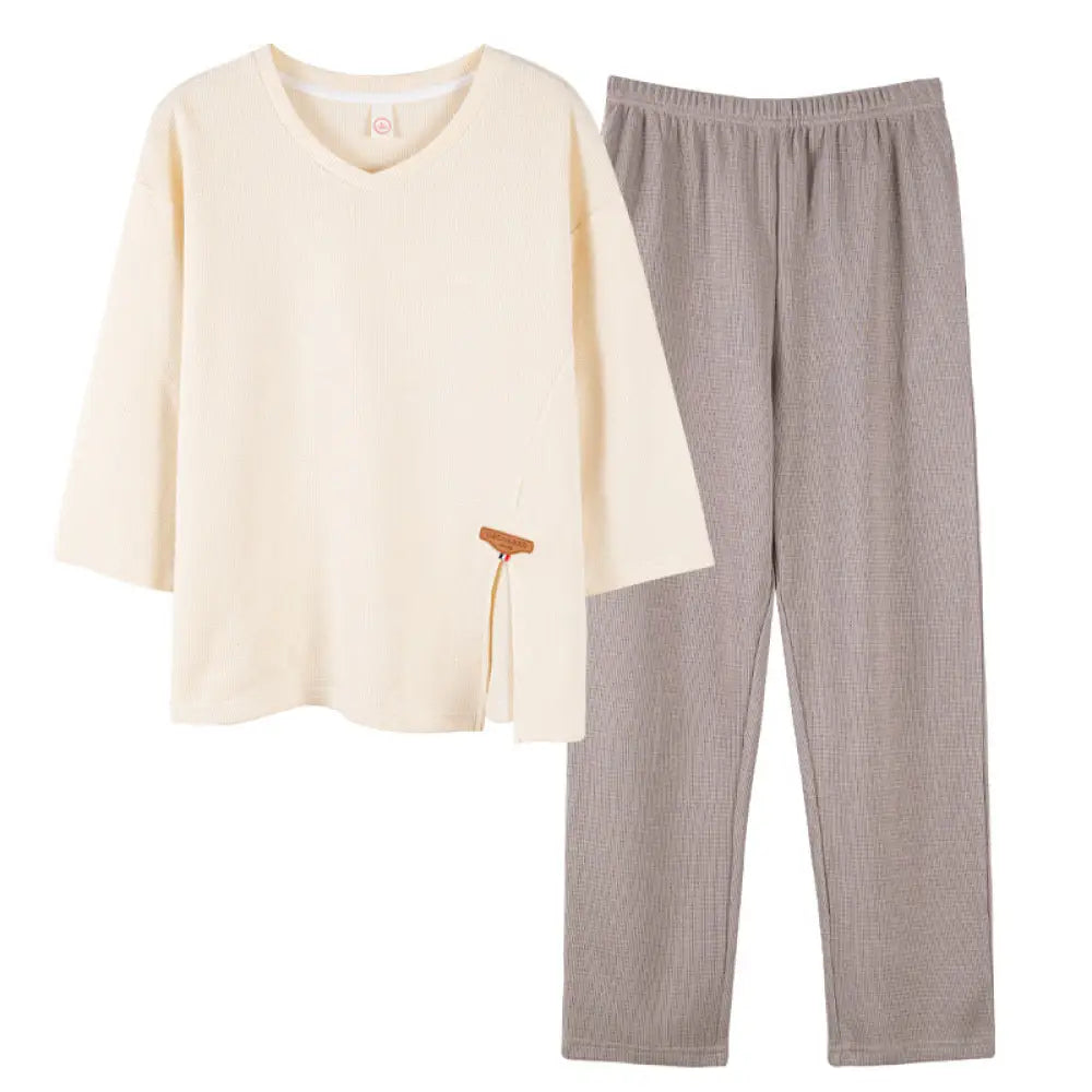 パジャマ セット 春夏秋 薄手 ルームウェア 部屋着 長袖 女子 ゆったり 高級感 ID4028 ベージュ / M