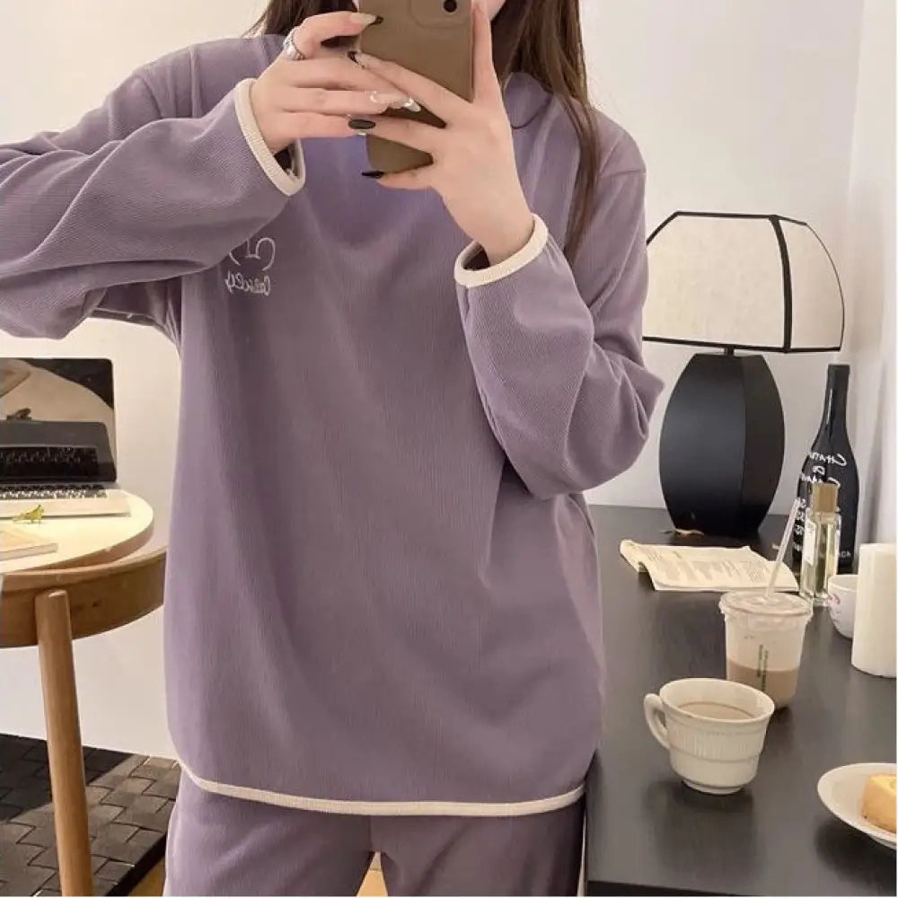 パジャマ セット 秋冬 大人気 クルーネック かわいい ルームウェア 厚手 2点セット 部屋着 防寒 保温 ID4041 パープル / M