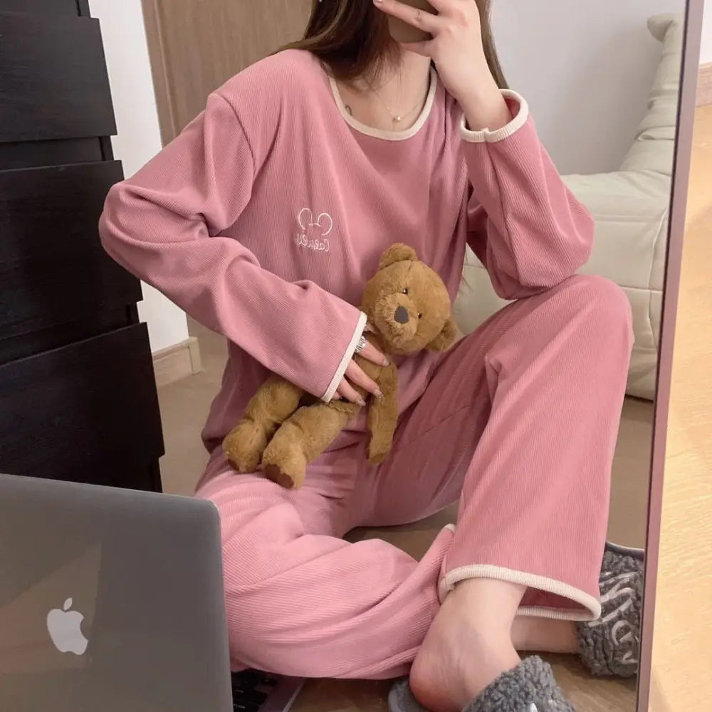 パジャマ セット 秋冬 大人気 クルーネック かわいい ルームウェア 厚手 2点セット 部屋着 防寒 保温 ID4041 ピンク / M