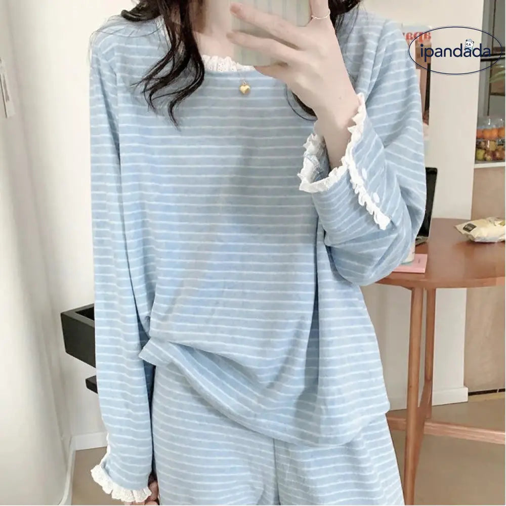 パジャマ セット 春秋 秋冬 厚手 長袖 レース ストライプ ルームウェア 女子 部屋着 かわいい 2点セット ID4051