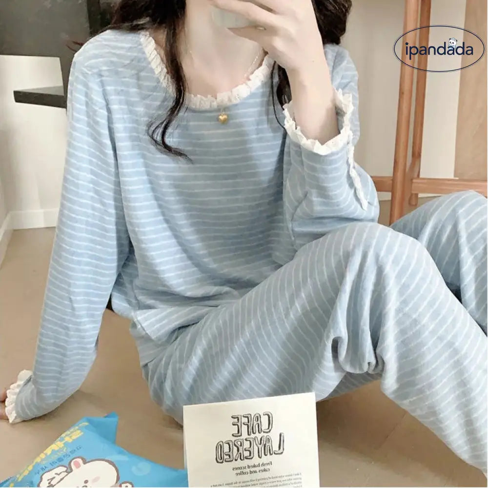 パジャマ セット 春秋 秋冬 厚手 長袖 レース ストライプ ルームウェア 女子 部屋着 かわいい 2点セット ID4051