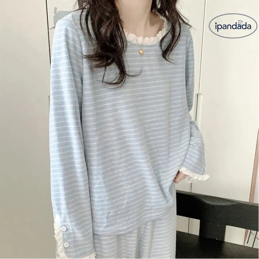 パジャマ セット 春秋 秋冬 厚手 長袖 レース ストライプ ルームウェア 女子 部屋着 かわいい 2点セット ID4051