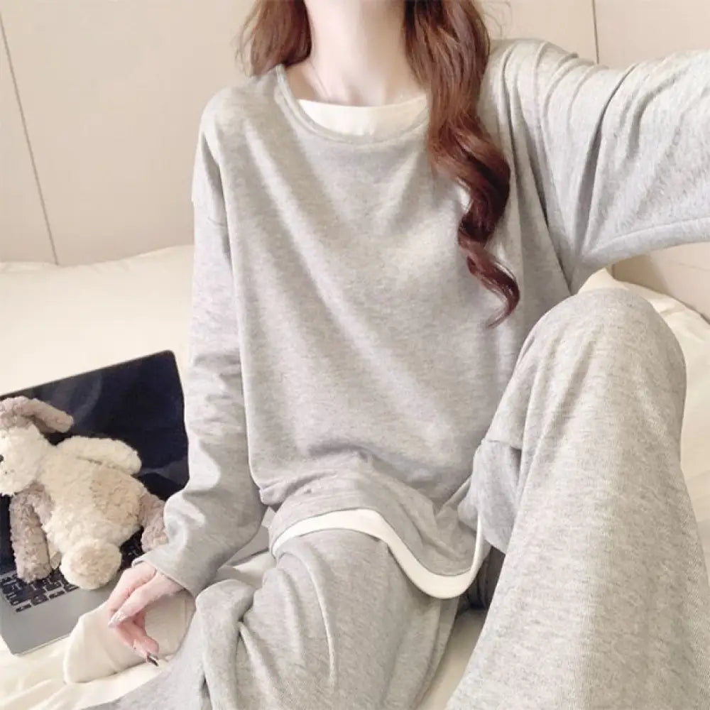 パジャマ セット 韓国風 ゆるふわ クルーネック 長袖 保温 ルームウェア 部屋着 ID4036 ライトグレー / M