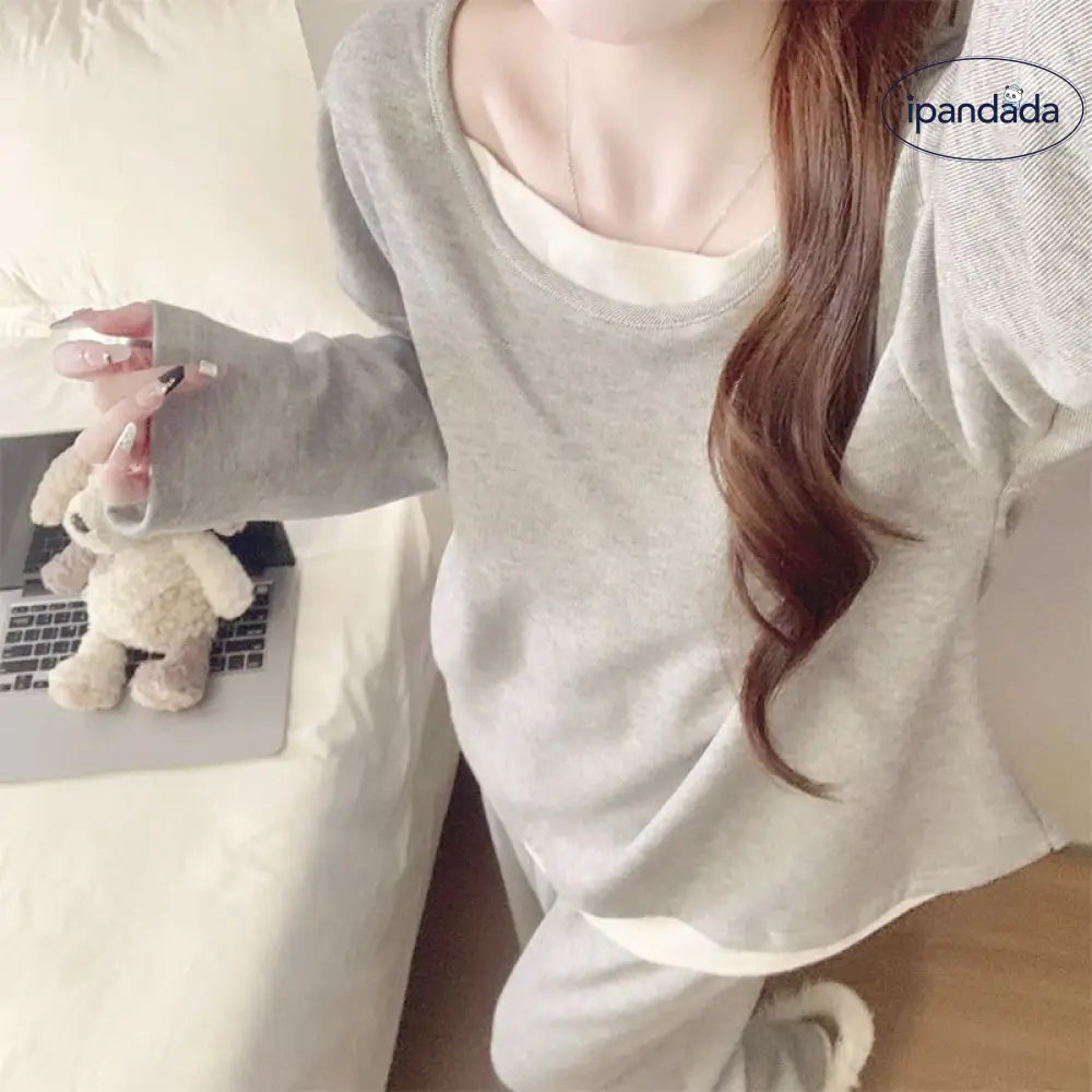パジャマ セット 韓国風 ゆるふわ クルーネック 長袖 保温 ルームウェア 部屋着 ID4036