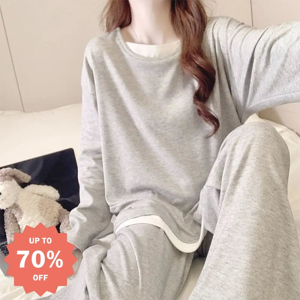 パジャマ セット 韓国風 ゆるふわ クルーネック 長袖 保温 ルームウェア 部屋着 ID4036