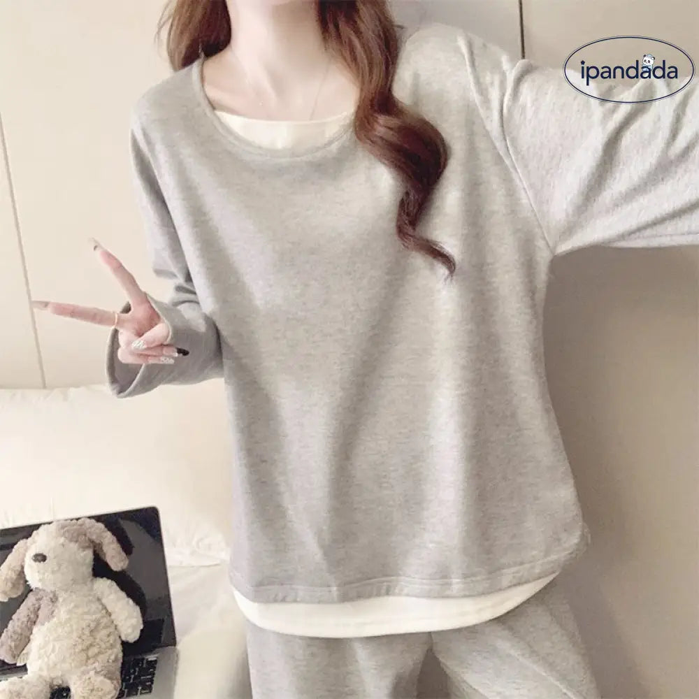 パジャマ セット 韓国風 ゆるふわ クルーネック 長袖 保温 ルームウェア 部屋着 ID4036