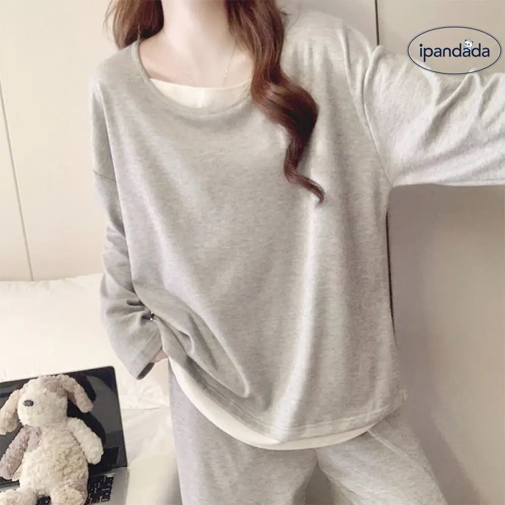 パジャマ セット 韓国風 ゆるふわ クルーネック 長袖 保温 ルームウェア 部屋着 ID4036