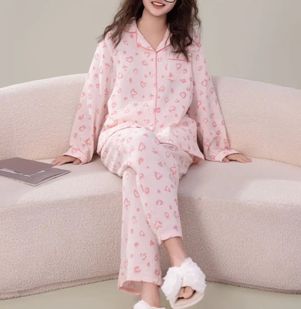 パジャマ セット ハート ボタン開き 上下セット 襟付き 春秋 長袖 ルームウェア かわいい 部屋着 2点セット 肌ざわり最高 ID4049 ピンク / M レディース＞セットアップ