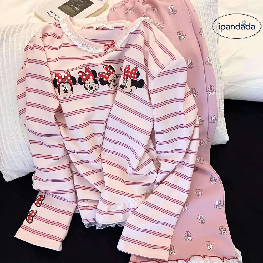 パジャマ セット レース 付き 女性用 韓国風 ミッキー ストライプ ピンク かわいい ルームウェア ホームウェア 甘 ロマンチック 快適 ゆったり 長袖 トップス ボトムス プレゼント 彼女 ギフト ID4151 レディース＞セットアップ